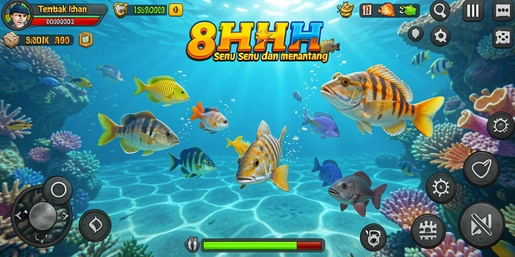 Tampilan gameplay seru dalam 8HHH saat berburu ikan.