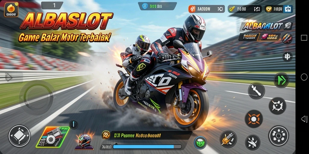 Gameplay seru ALBASLOT dengan balapan motor yang cepat.