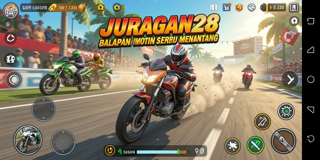 Screenshot gameplay JURAGAN28 menunjukkan aksi balapan motor yang mendebarkan.