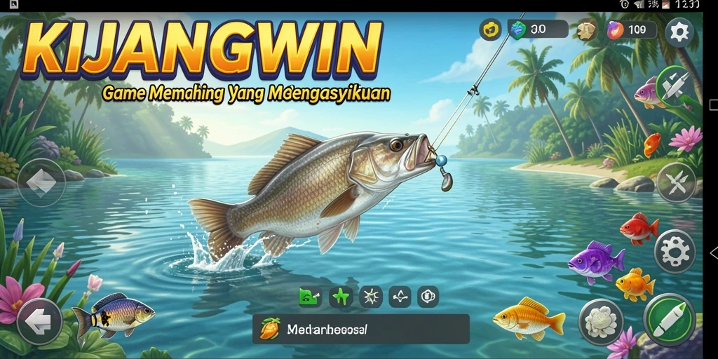 Screenshot gameplay <strong>KIJANGWIN</strong> menampilkan keindahan lokasi memancing dan pengalaman menangkap ikan.