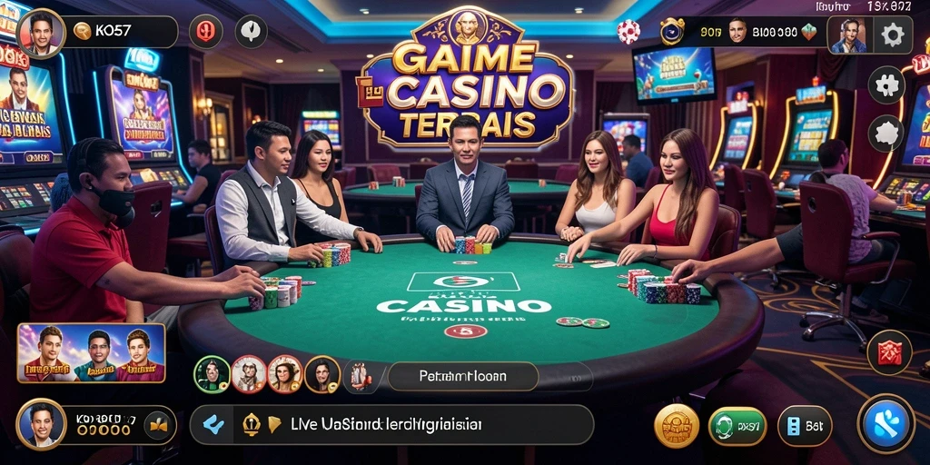 Screenshot KO857 menampilkan dealer langsung dan permainan kasino yang mendebarkan.