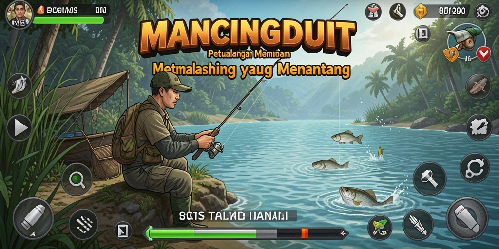 Screenshot gameplay MANCINGDUIT yang menunjukkan aksi seru memancing.