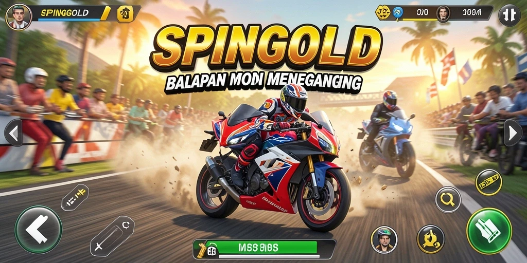 Tangkapan layar gameplay SPINGOLD menampilkan balapan motor yang mendebarkan.