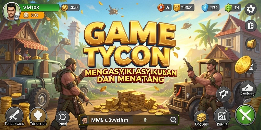 Screenshot gameplay VM108 menampilkan aksi membangun kerajaan bisnis.